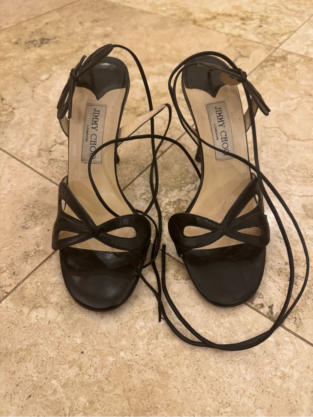 Jimmy Choo Black Leather Bow-Accent Lace-Up Heels